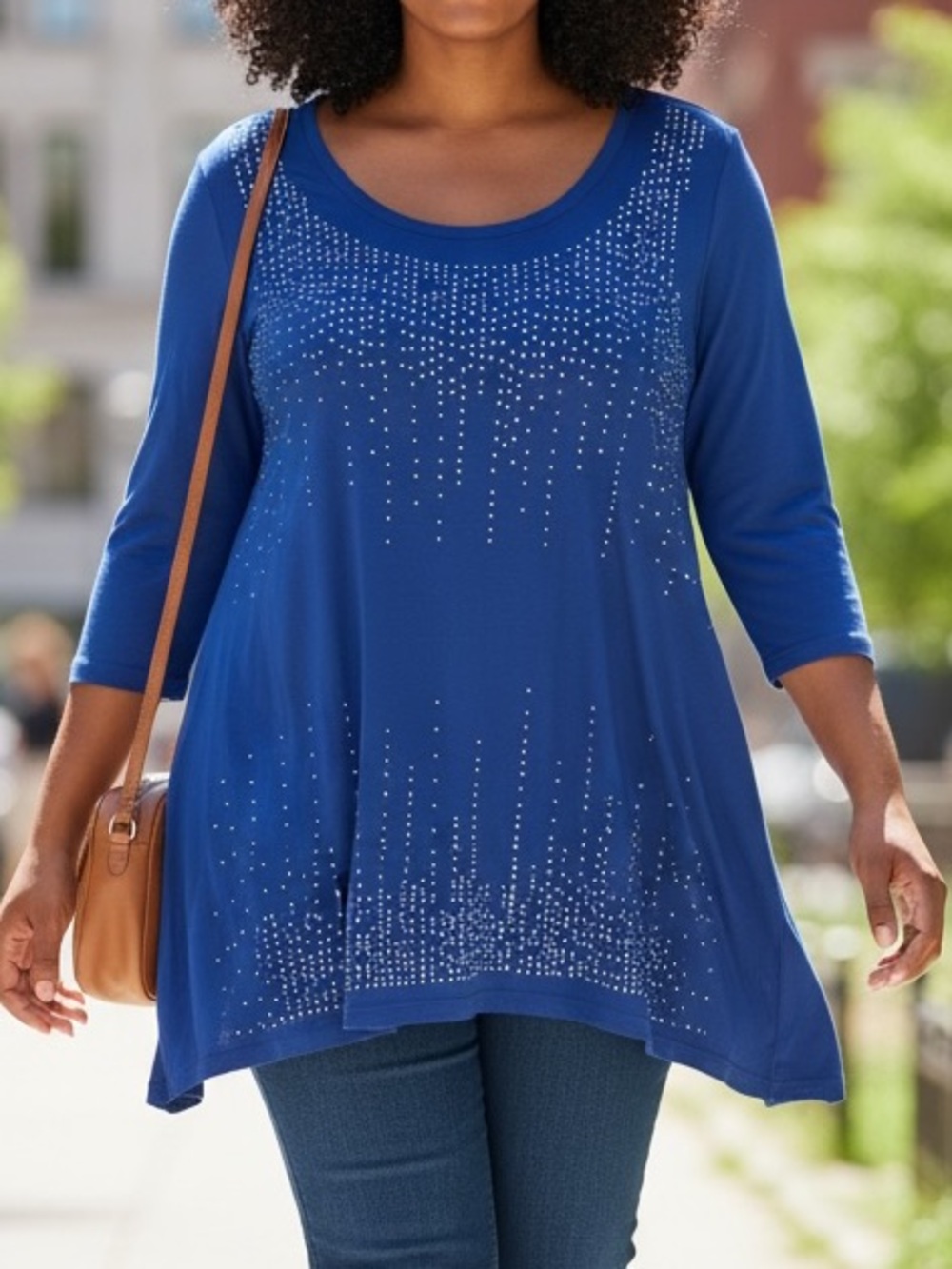 Embellished Blue Tunic Top Plus Size 2X. Scoop neck. 3/4 sleeves. Asymmetric hem